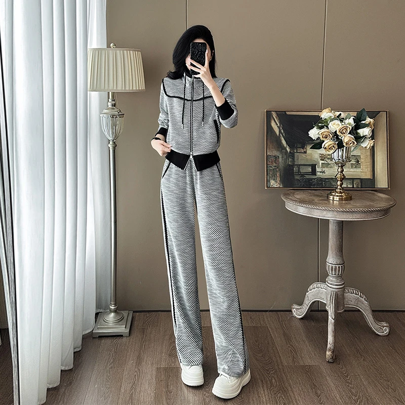 灰色网红运动休闲套装女秋冬时尚洋气炸街加绒卫衣长裤两件套显瘦