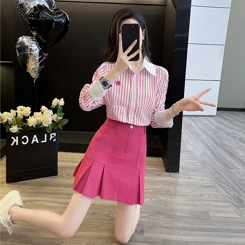 盐系穿搭休闲运动套装女夏季新款时尚减龄长袖衬衣牛仔短裙两件套