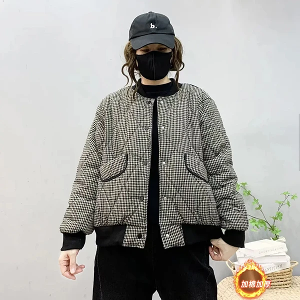 2023冬季新款民族风棉服上衣女圆领休闲加棉宽松格子洋气百搭外套