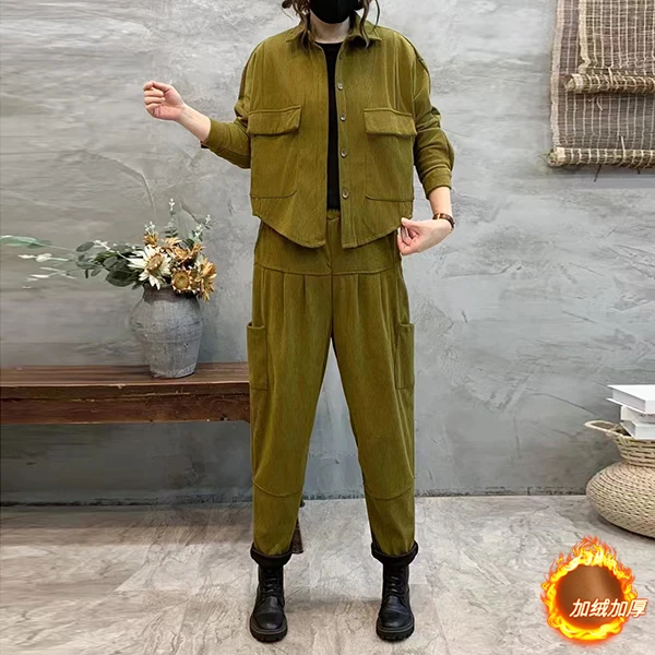 2023秋季上新加绒加厚款套装时尚休闲气质百搭减龄显瘦上衣+裤子