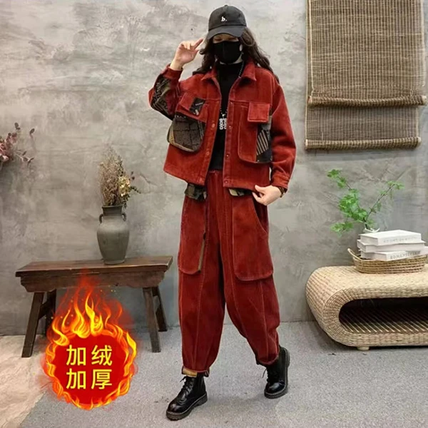 2023秋冬新款时尚套装女加绒加厚拼接大口袋外套裤子显瘦两件套