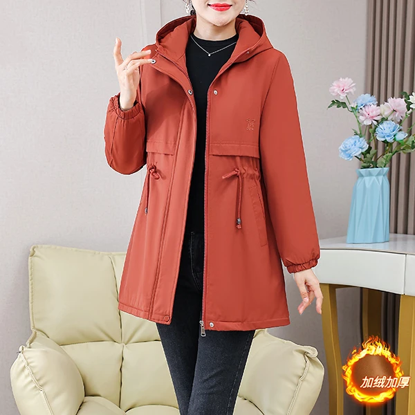 2023秋冬新款纯色连帽妈妈装上衣加绒外套休闲百搭防风时尚洋气