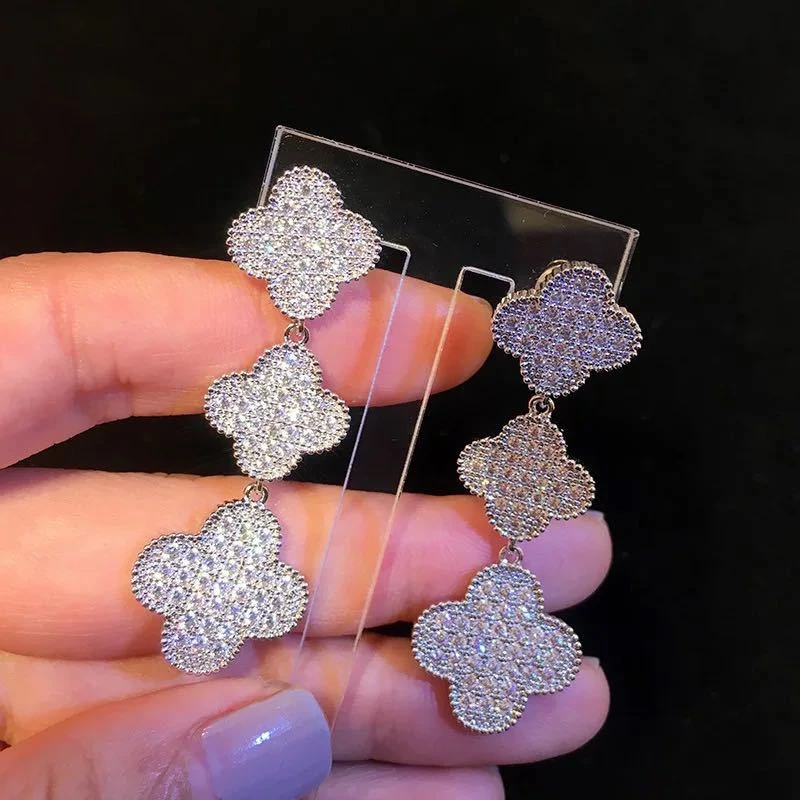 铜合金合成锆石耳饰 三花四叶花幸运草耳钉PRA104/124