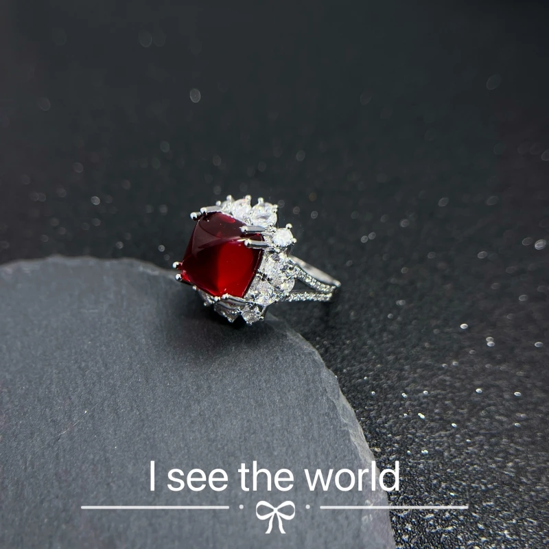 铜合金合成锆石戒指 轻奢气质百搭法式优雅红色戒指-705