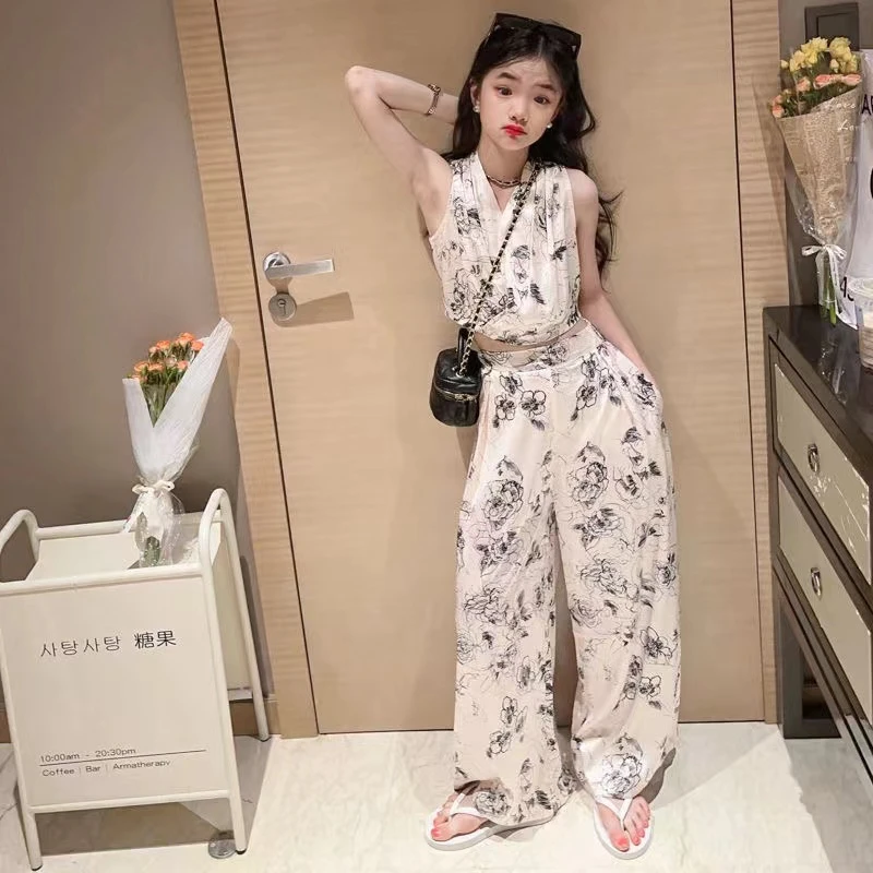 2024新款夏季女童小香风水墨花朵缎面背心阔腿裤两件套时尚女网红