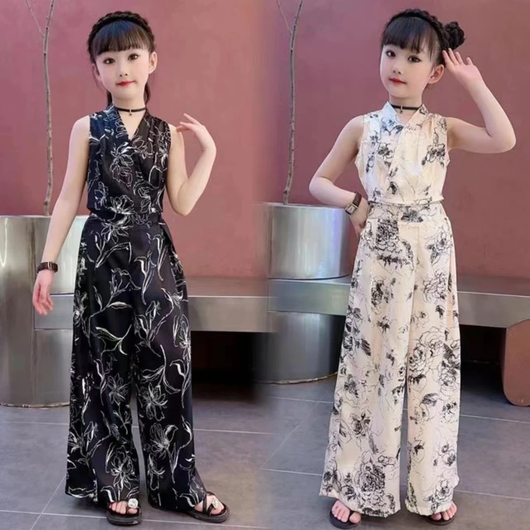 2025网红款夏季女童新款小香风水墨花朵缎面背心阔腿裤套装大童女