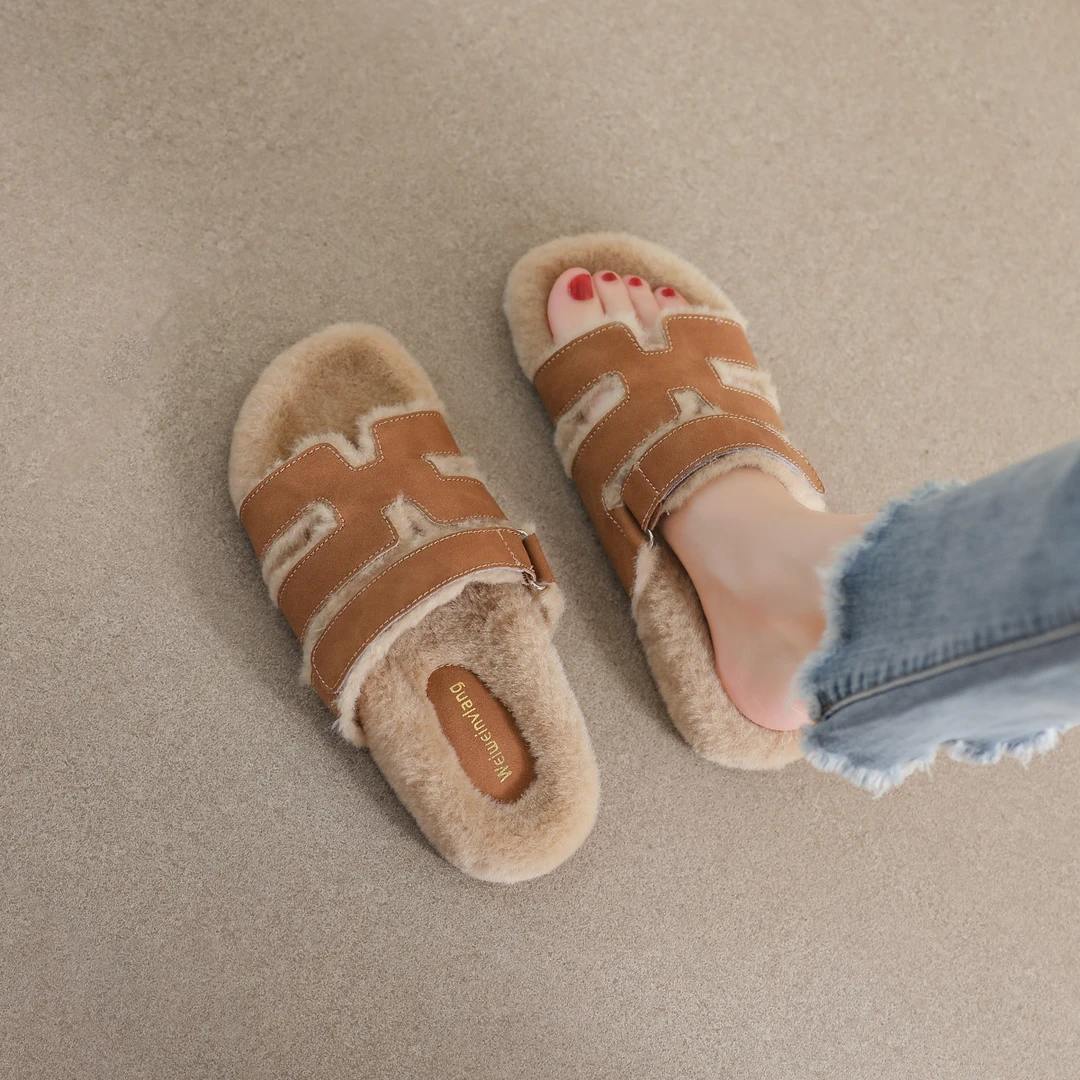 汤汤女鞋 毛毛拖鞋女冬外穿厚底羊羔毛懒人一字拖鞋女加绒冬天