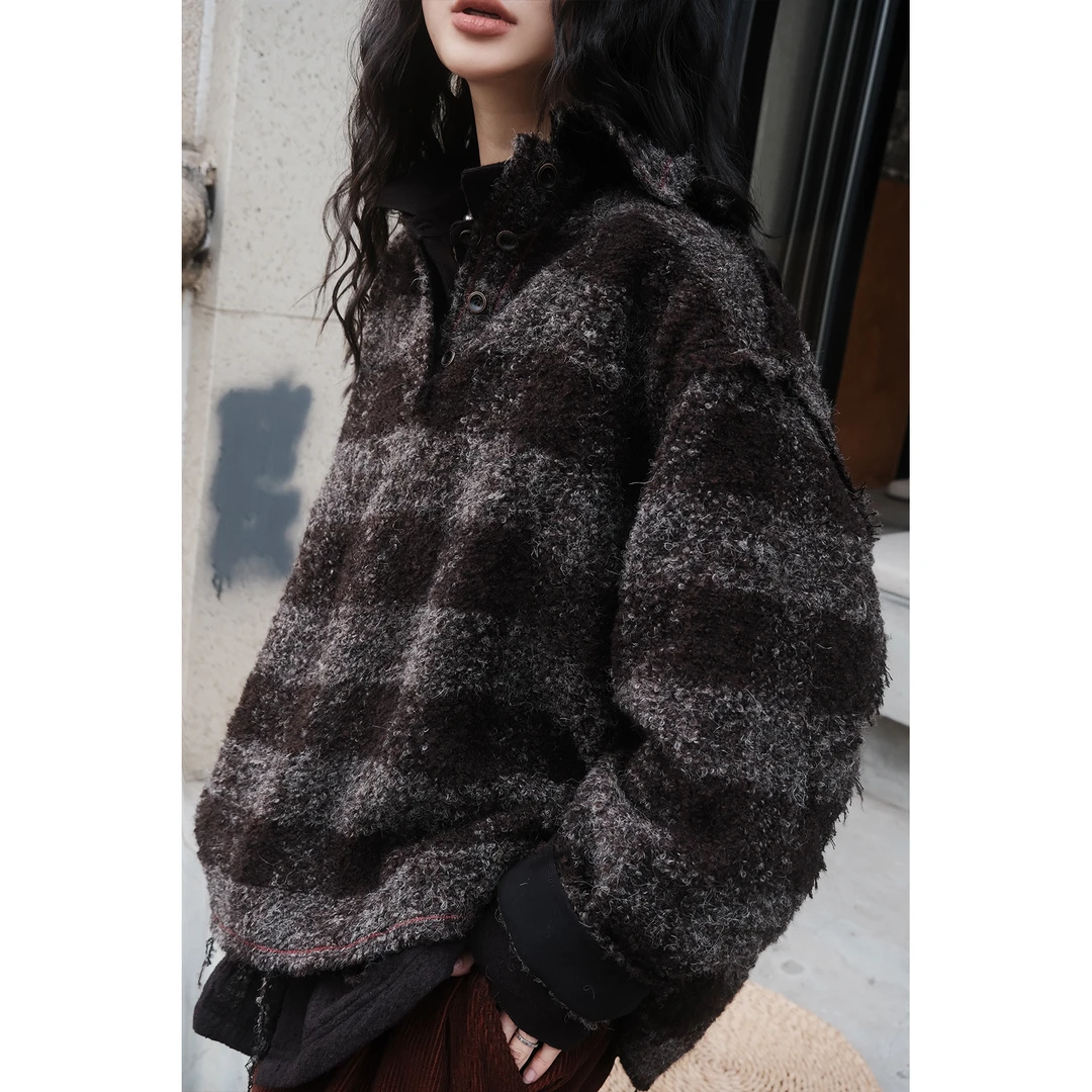 万物身客 古·3226 羊毛混纺半开领上加厚格子保暖宽松韩版休闲