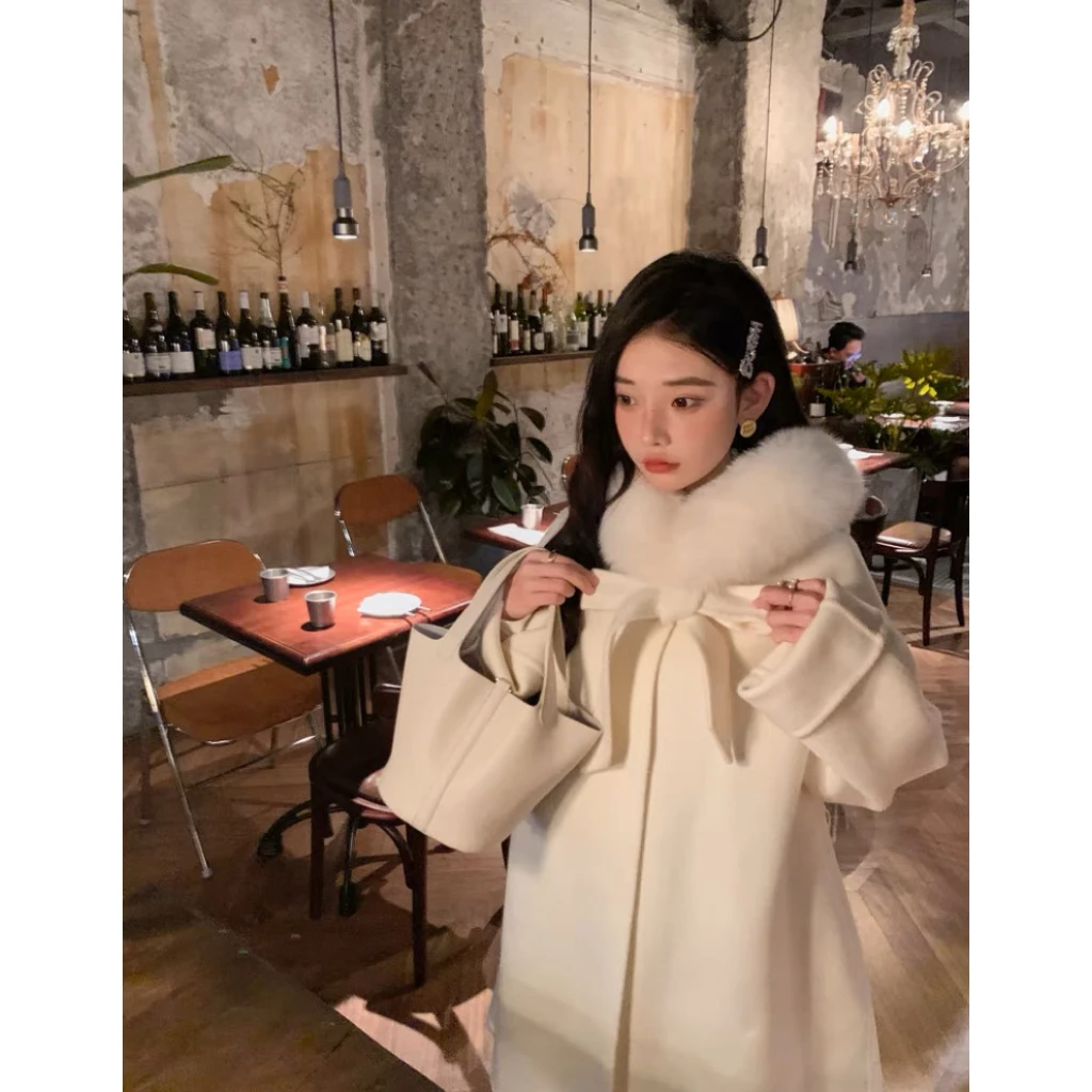 【大眼妹】2023秋冬新款双面羊毛大衣狐狸毛领毛呢外套【小千金】