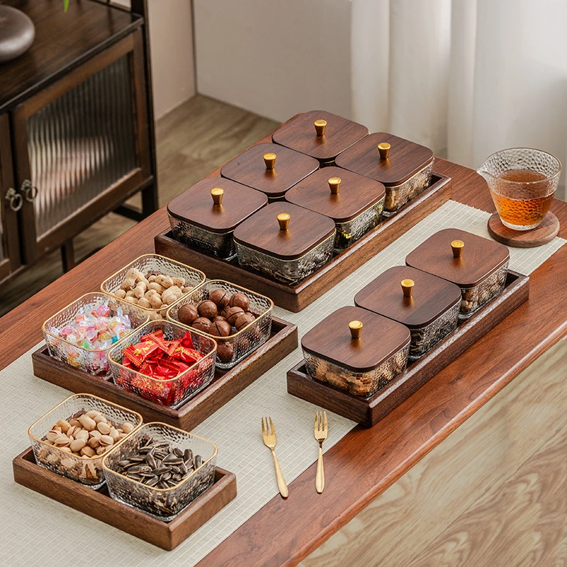 胡桃木玻璃水果盘客厅家用轻奢高档干果盘零食点心糖收纳盒新中式