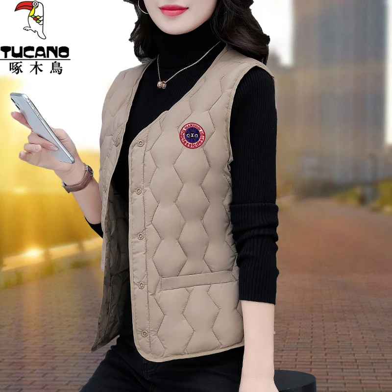 啄木鸟加绒棉马甲女款秋冬新款中年妈妈冬季洋气背心外搭外穿外套