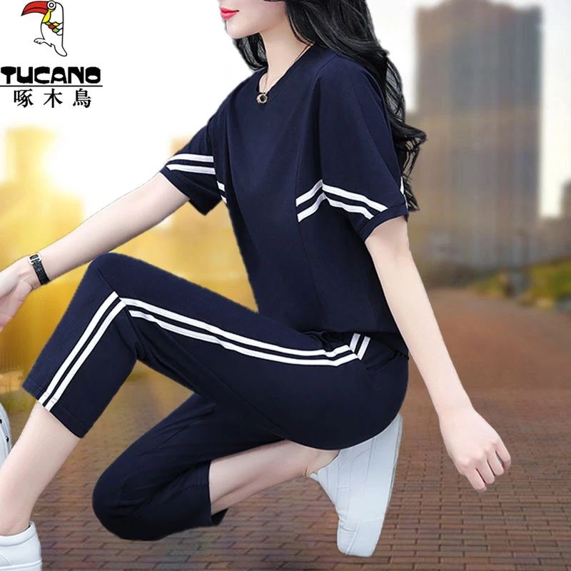 啄木鸟七分裤运动服套装女夏季2025新款休闲中年妈妈时尚两件套