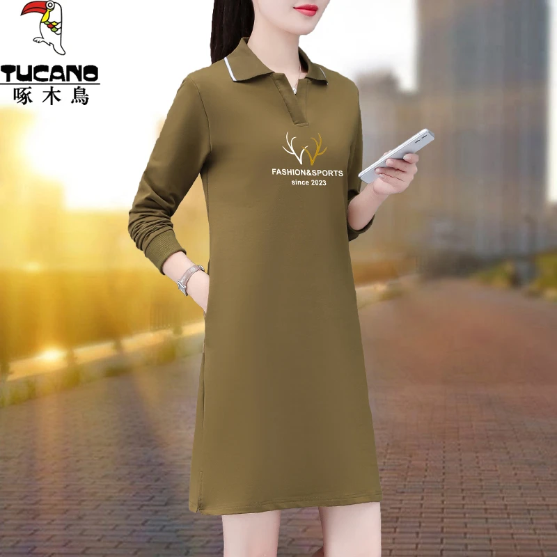 啄木鸟春秋长袖连衣裙女2024新款爆款气质显瘦中年妈妈polo领卫衣