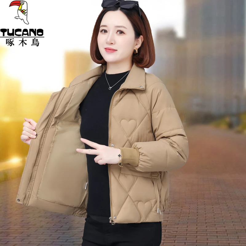 啄木鸟短款棉服女冬季2025新款爆款加厚中年妈妈保暖翻领棉衣外套