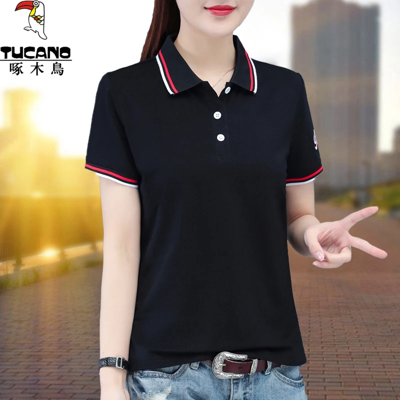 啄木鸟黑色短款polo衫女t恤夏新款洋气减龄女装翻领短袖上衣女士