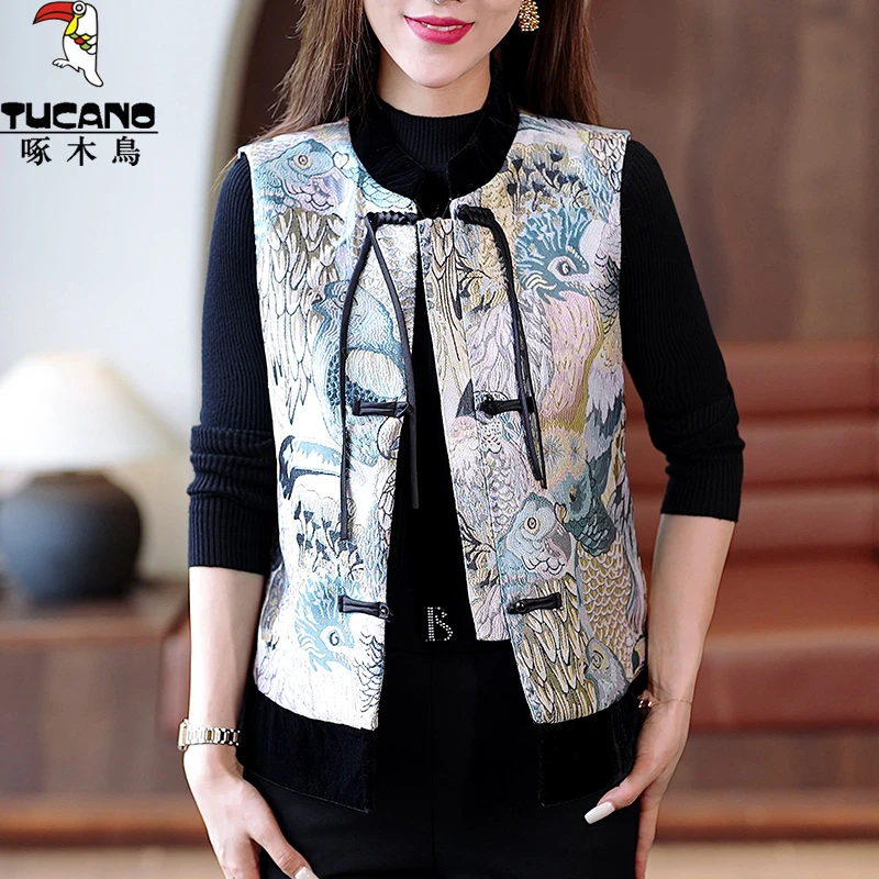 啄木鸟新中式女装国风提花马夹春秋2025年今年流行盘扣设计感外套