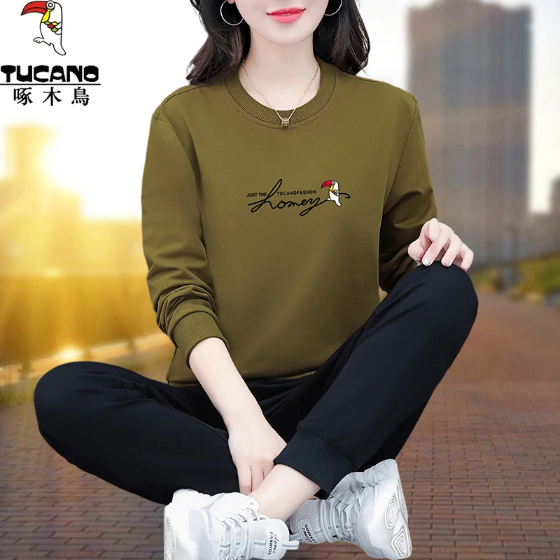 啄木鸟圆领运动服套装女秋季2025年新款韩版休闲中年妈妈装两件套