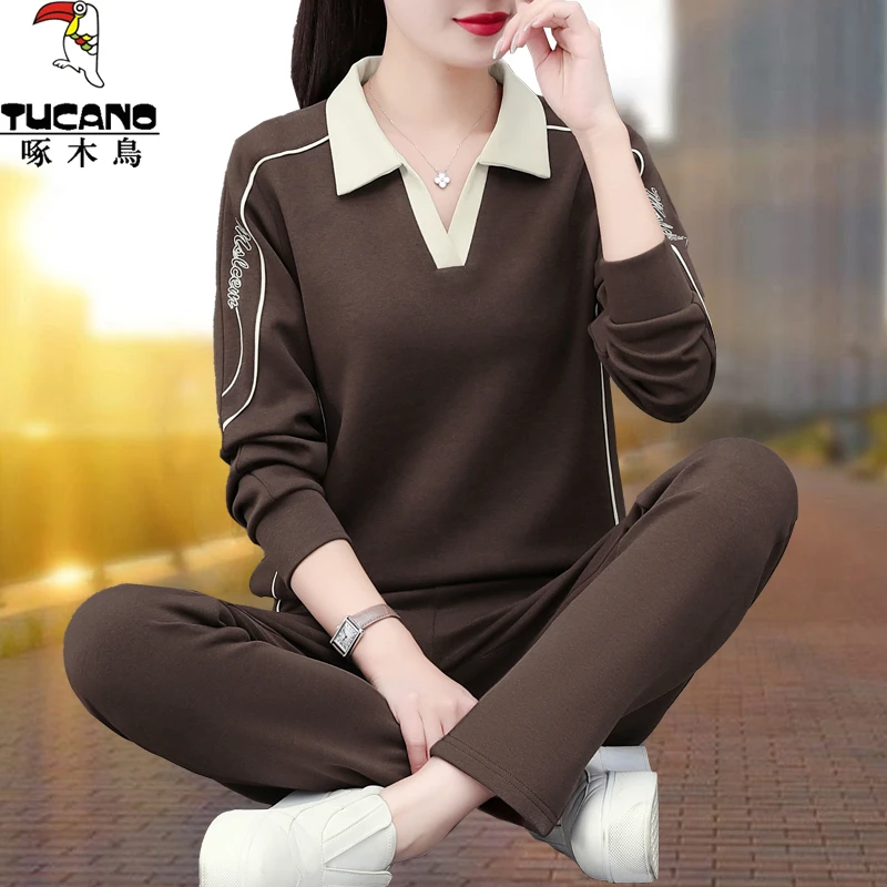 啄木鸟polo领卫衣套装女式春秋2025新款跑步休闲运动服长袖两件套
