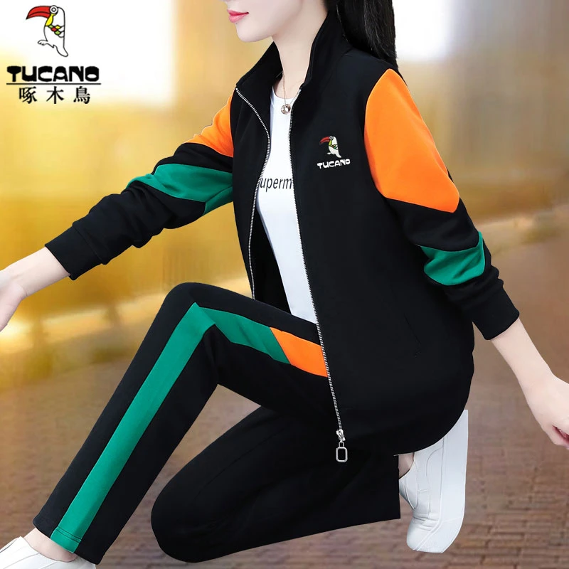 啄木鸟运动服套装女春秋2025新款大码开衫卫衣宽松版休闲服三件套