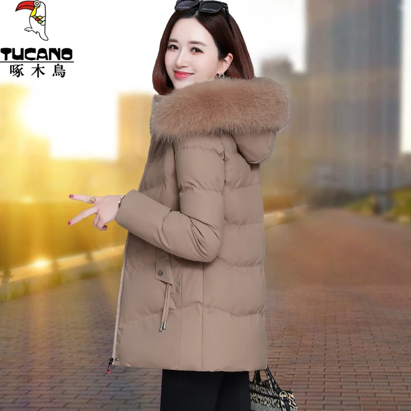 啄木鸟棉服女冬季新款加绒加厚妈妈中长款大码厚外套修身棉袄棉衣