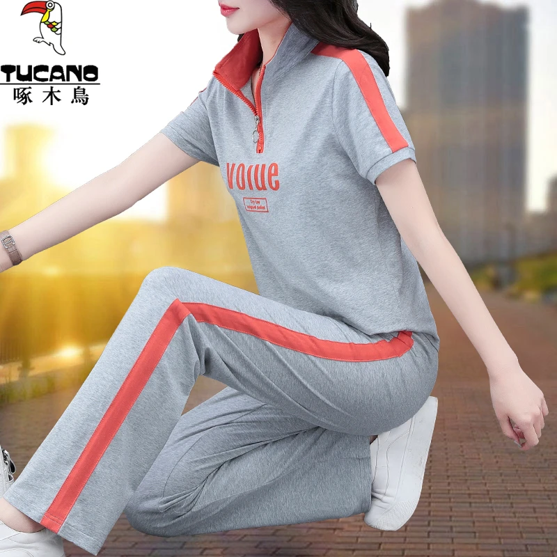 啄木鸟时尚运动服套装女夏装2025新款中年妈妈夏季休闲短袖两件套