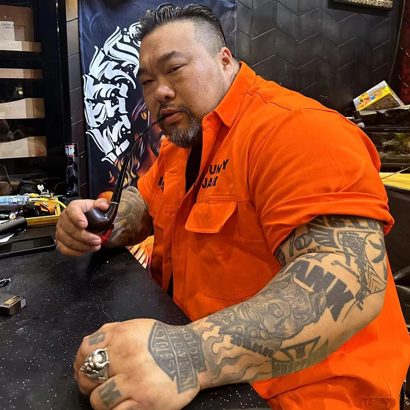 核爆炸潮牌二代橘色美式囚服纯棉衬衫休闲宽松大码工装服短袖衬衣