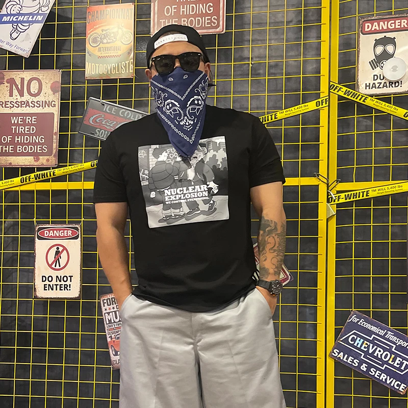 核爆炸潮牌单挑1v1漫画卡通黑色250g全棉夏季男士宽松半袖短袖T恤