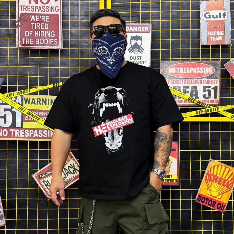 核爆炸潮牌狂暴恶犬夏季250g黑色全棉印花宽松大码半袖短袖T恤男
