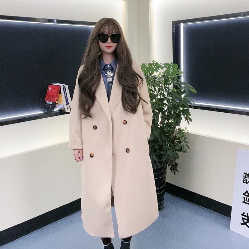 韩版中长款双面呢绵羊毛大衣女宽松百搭时尚双排扣秋冬毛呢外套