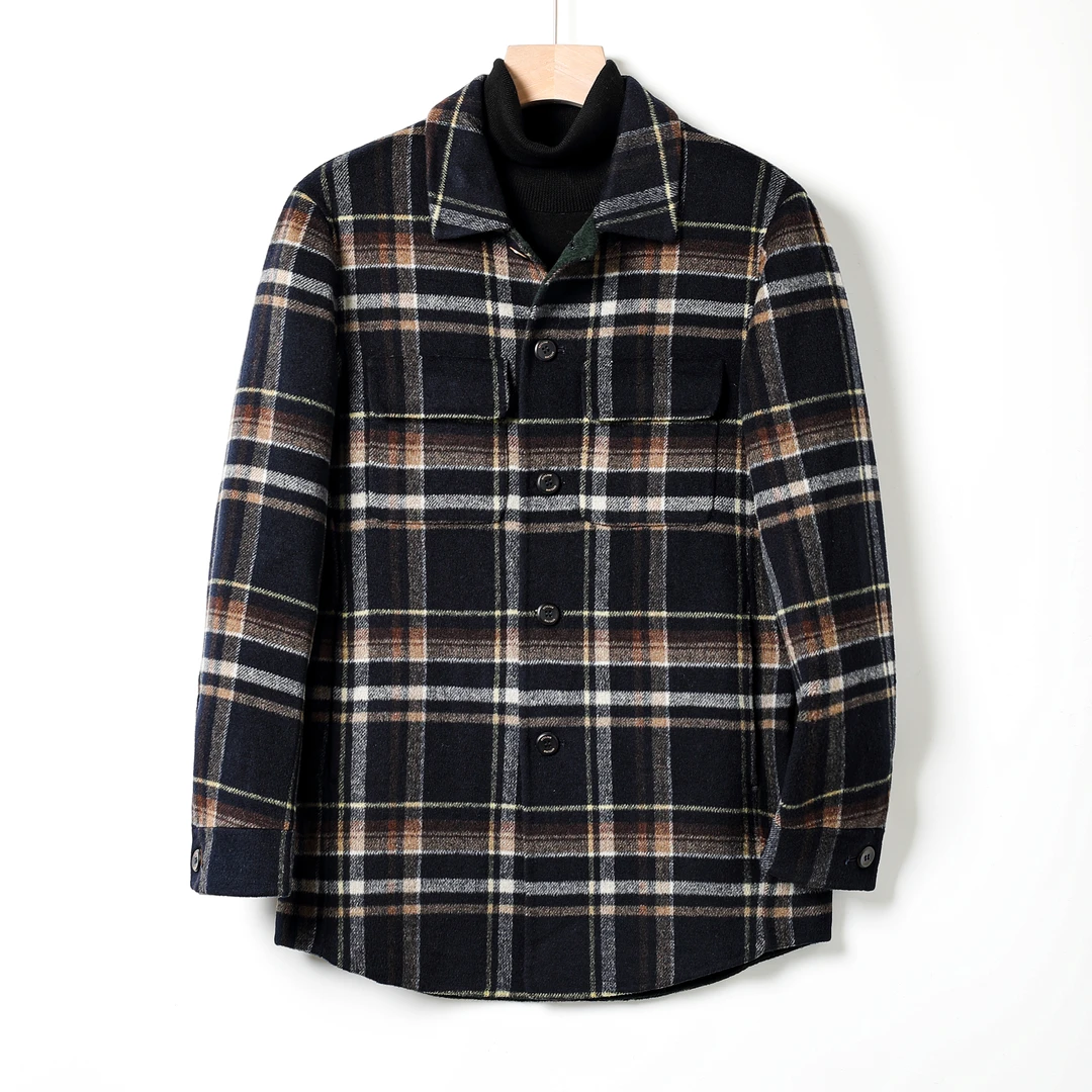 JINGYI/纯手工绵羊毛格纹衬衫领中短款双面呢子男士毛呢外套秋冬