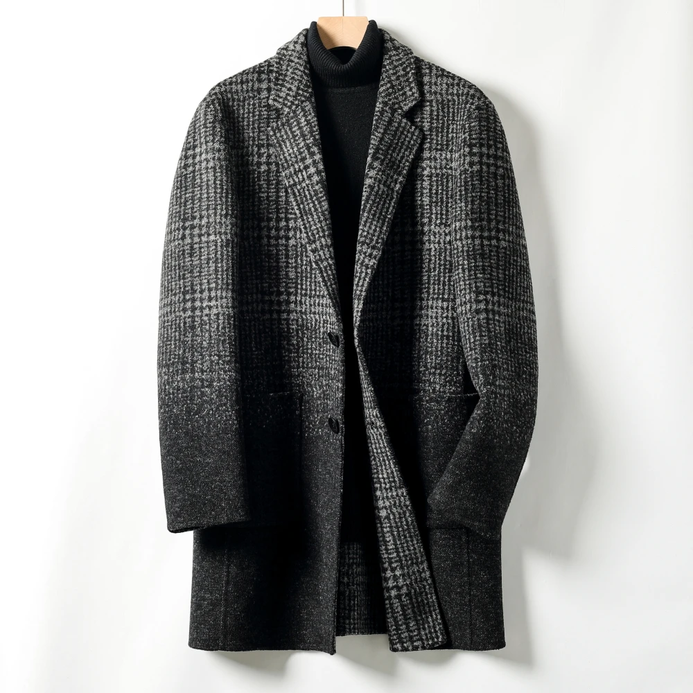 JINGYI/纯手工千鸟格渐变双面呢子羊毛大衣秋冬男士中长款