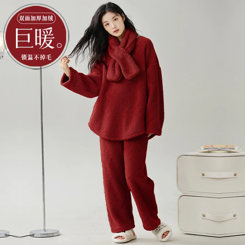 新年睡衣送围脖爆款红色本命年冬季加厚加绒保暖法兰绒家居服