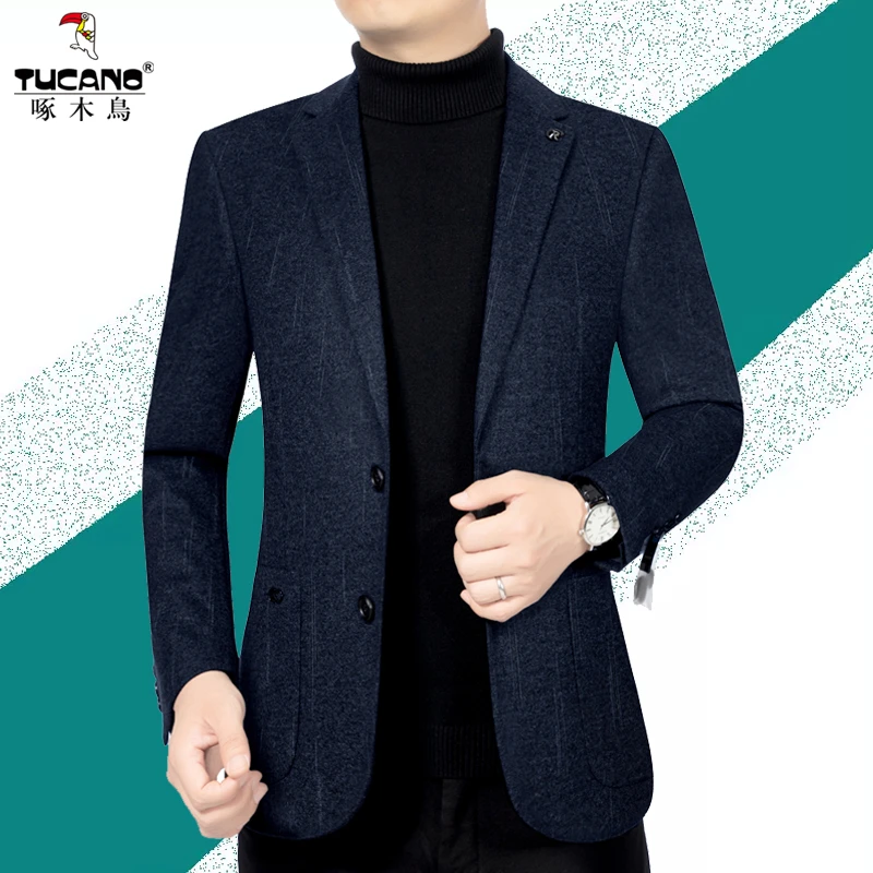 啄木鸟2023春秋季新款男士商务休闲西服外套品牌毛呢修身百搭西装