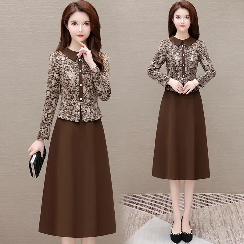 6152妈妈装印花裙子新款秋季女气质拼接假两件修身显瘦长袖连衣裙