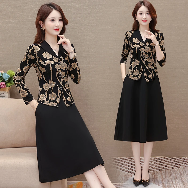 5069春季新款韩版修身长袖印花连衣裙女收腰显瘦假两件过膝裙子