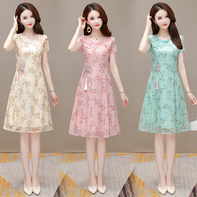 8355夏季新款气质连衣裙收腰显瘦复古高贵洋气中长款刺绣印花裙子