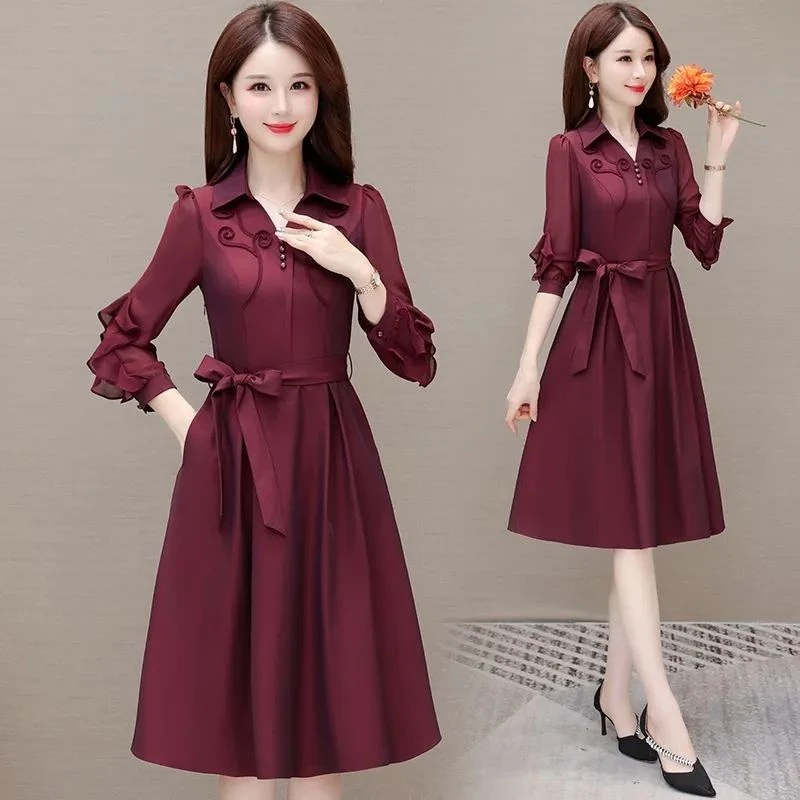 8885高档气质秋装连衣裙纯色2024春季新款洋气妈妈外穿显瘦穿搭