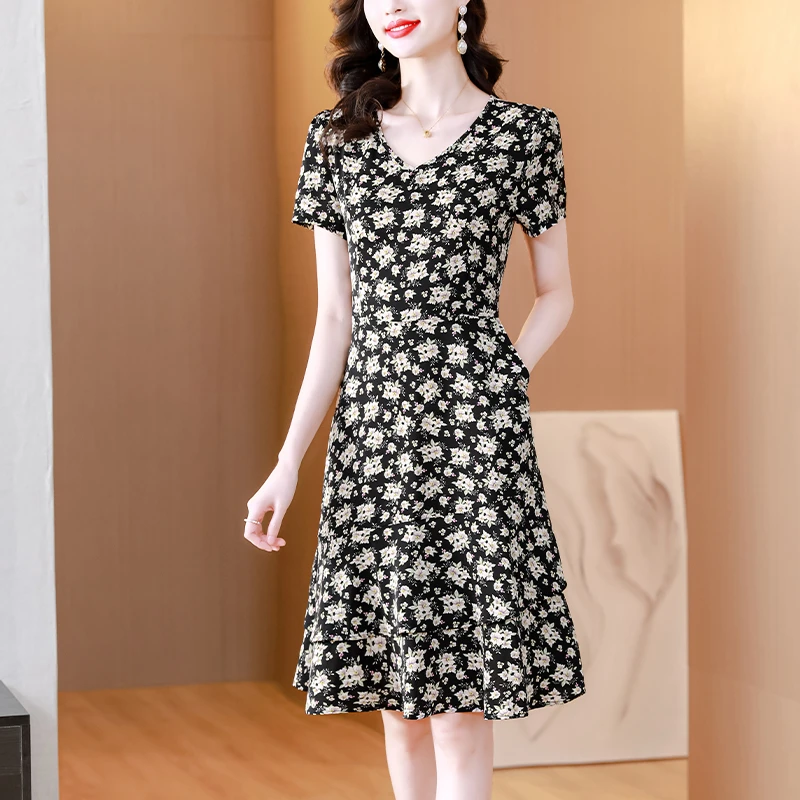 5008夏季新款高级感碎花连衣裙女短袖大码气质显瘦雪纺裙子