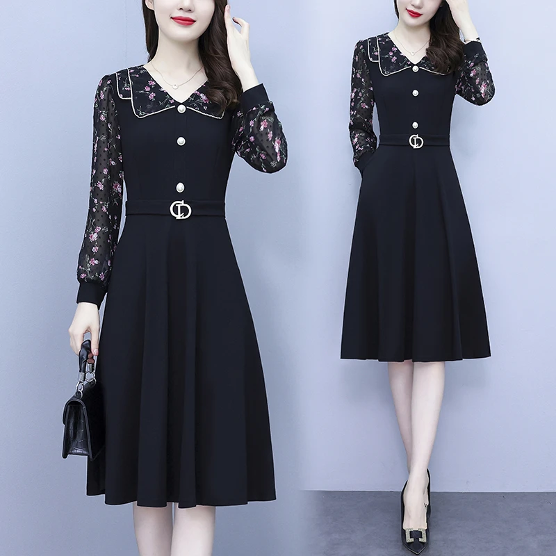 6133秋季大码女装胖mm雪纺碎花长袖修身显瘦遮肚子中年妈妈连衣裙