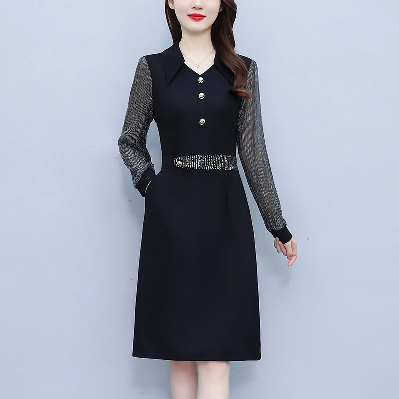 2355连衣裙女装秋季新款显瘦中长款高端长袖气质收腰拼接打底裙