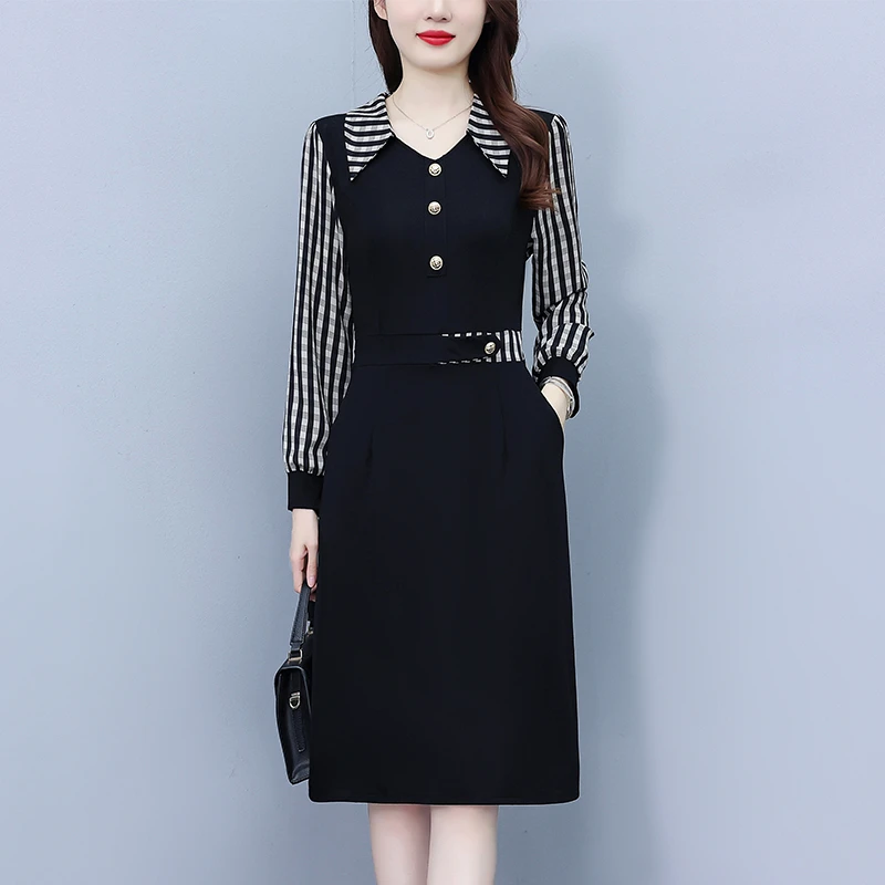 2537法式翻领连衣裙女秋季新款时尚洋气高级感拼接收腰显瘦中长裙