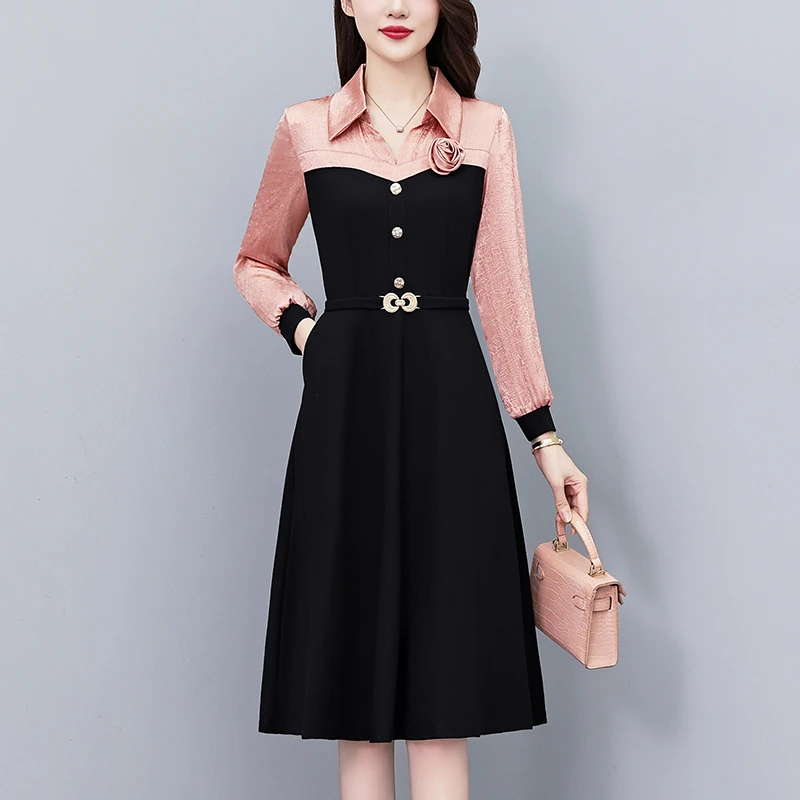 时尚洋气修身中长款假两件套长袖连衣裙春秋季大码女装胖mm胖妹妹