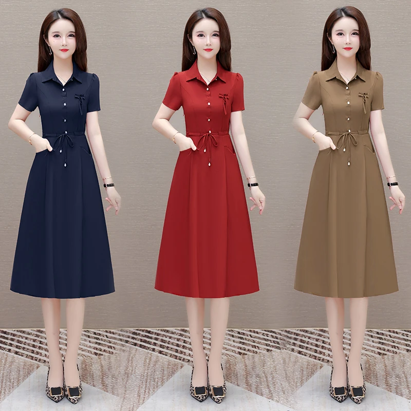 8808夏季新款大码短袖连衣裙贵夫人洋气中长款过膝裙子有口袋