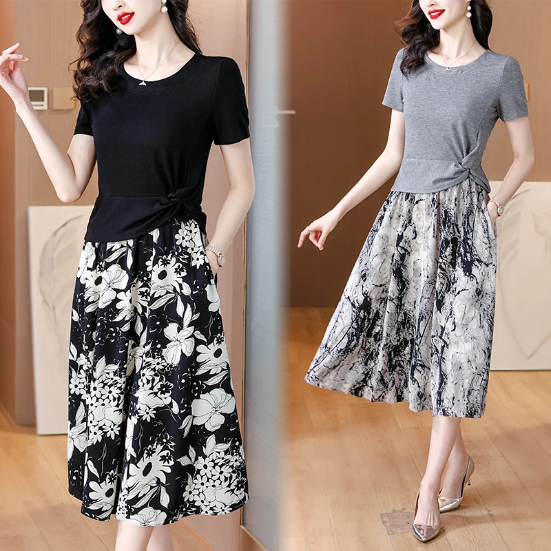 8857夏季新款两件套套装连衣裙气质时尚休闲套裙中长款印花连衣裙