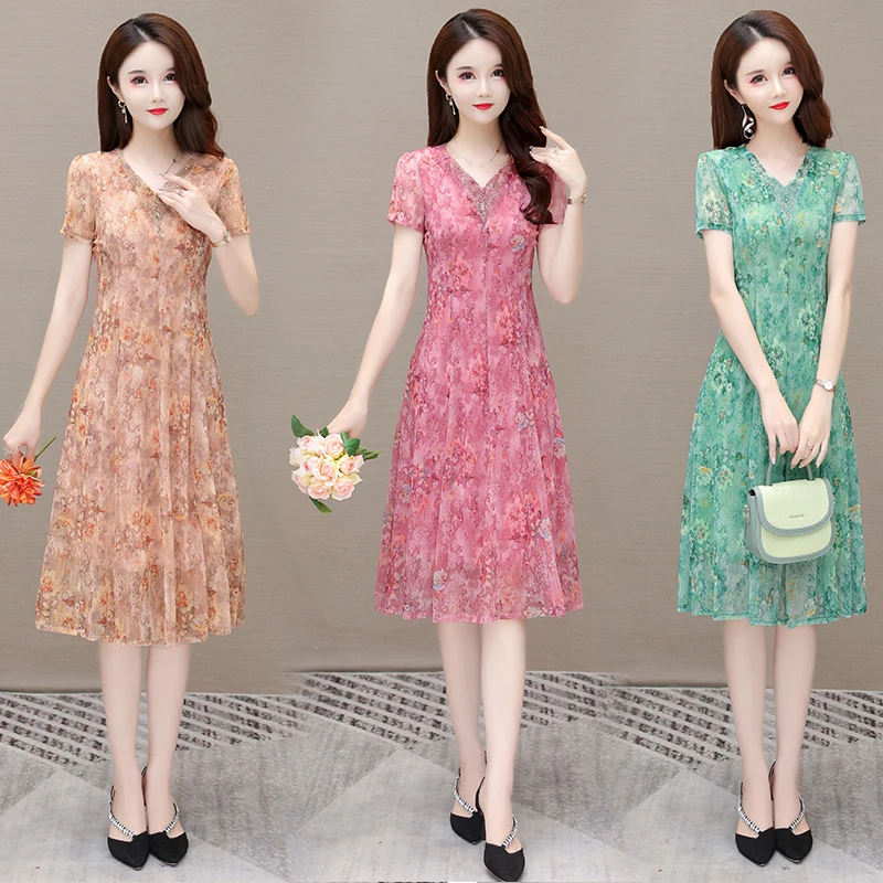 8328夏季新款短袖印花连衣裙贵夫人妈妈装气质显瘦中长款过膝裙子