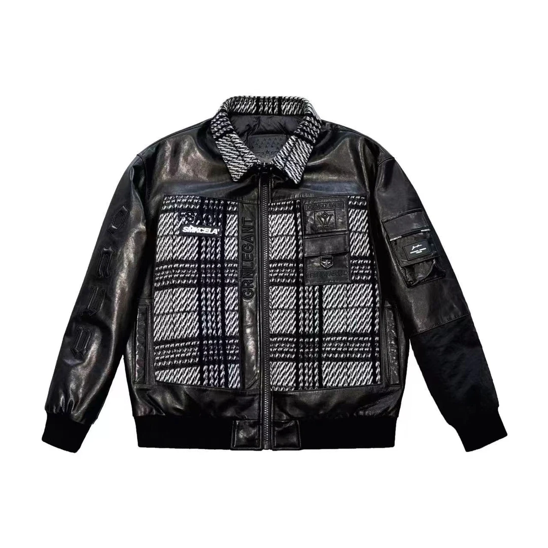 2024新上市冬款00035男士时尚百搭真皮拼接拼羽羊绒夹克