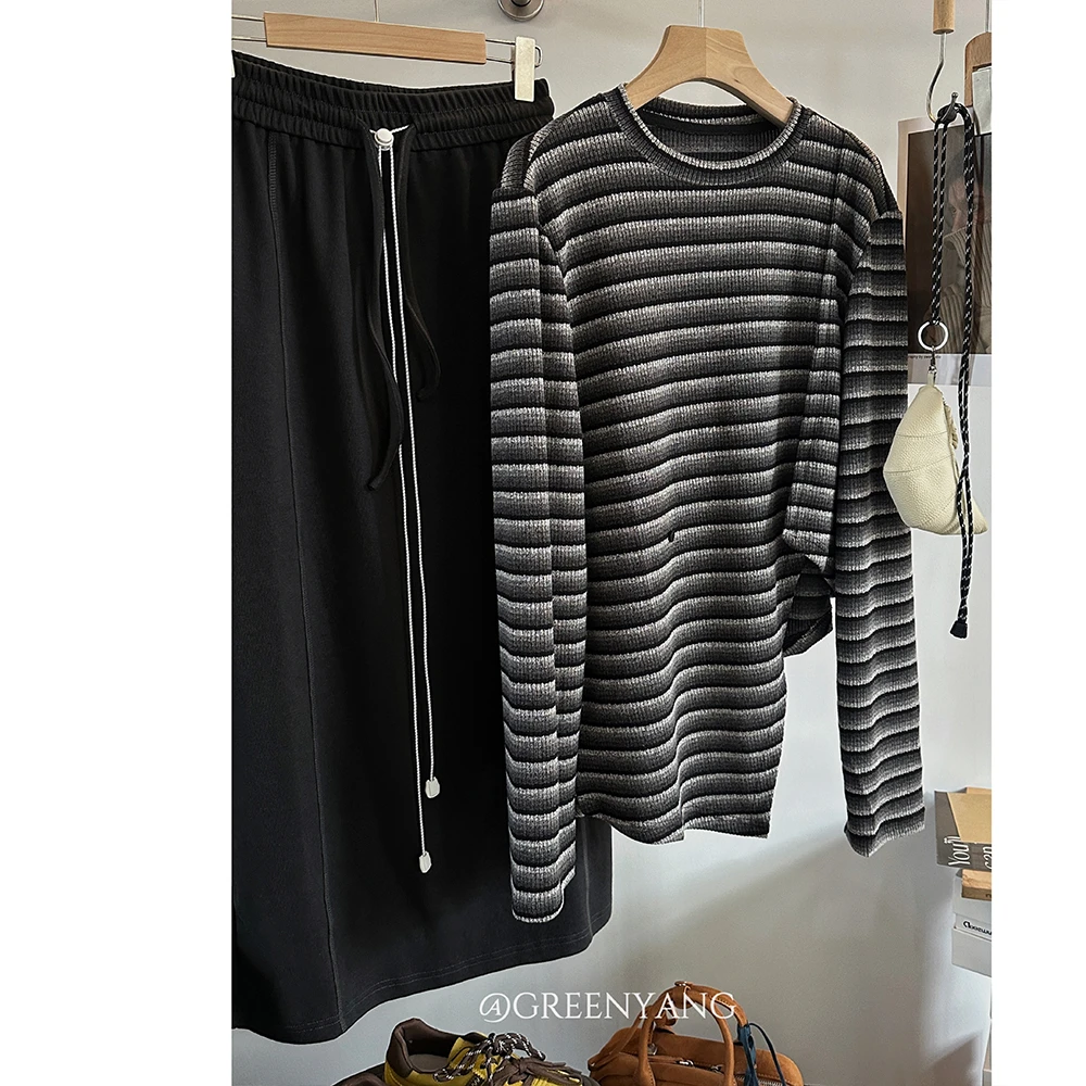 老羊家~长袖T恤女早秋2024新款条纹不规则显瘦百搭中长款内搭上衣