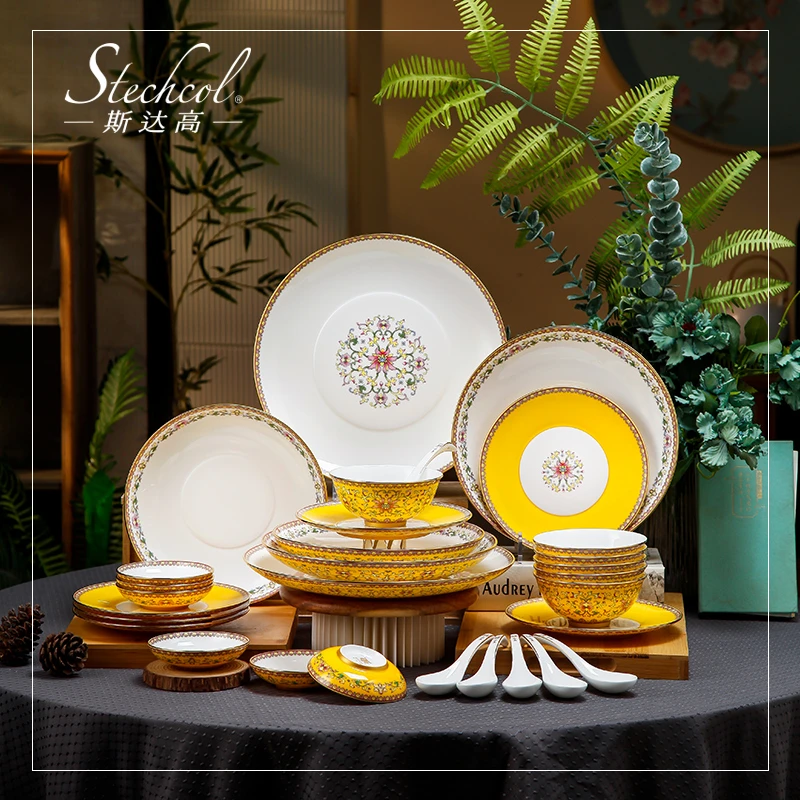 Stechcol/斯达高 春满园2023新中式骨瓷陶瓷家用碗碟餐具套装送礼