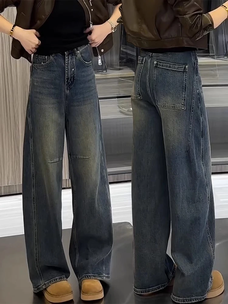 加绒加厚阔腿牛仔裤女秋冬季2025年新款大码胖mm显瘦直筒弯刀