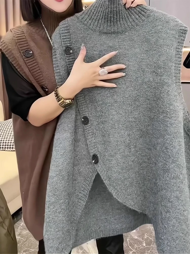 欧货重磅秋冬季新款女装2025灰色高领针织毛衣马甲高级感小众